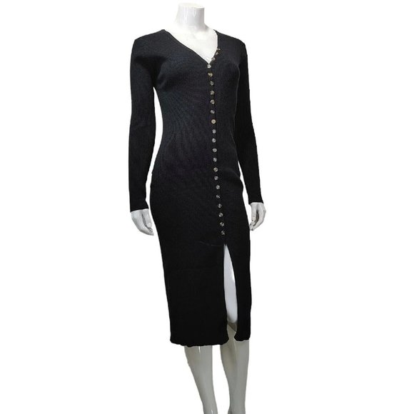 Black Deep V Neck Button Down Long Knit Bodycon Dress / Long Sleeve  Siz… - Picture 3 of 16